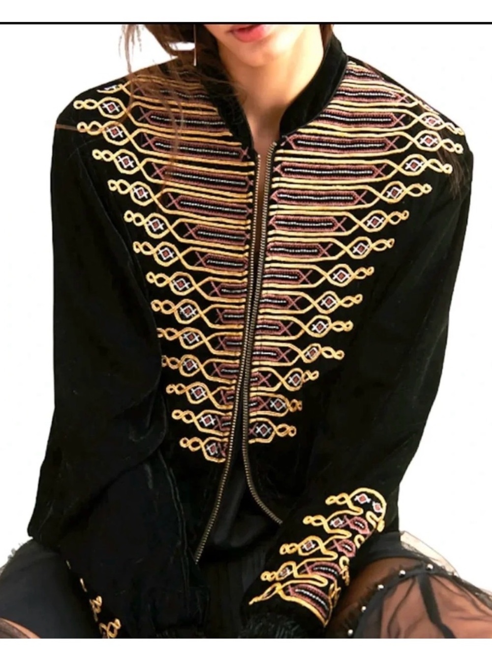 Free People Black Velvet Bomber Jacket with Gold & Multicolor Embroidery Large